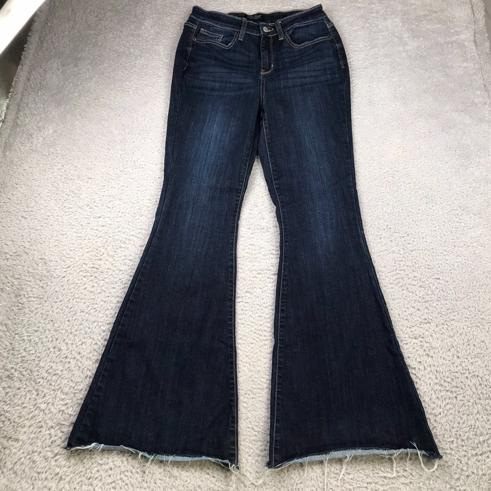 Judy Blue Flare Jeans Womens 7/28 (29x33) Dark Wash High Rise Fray Hem Stretch